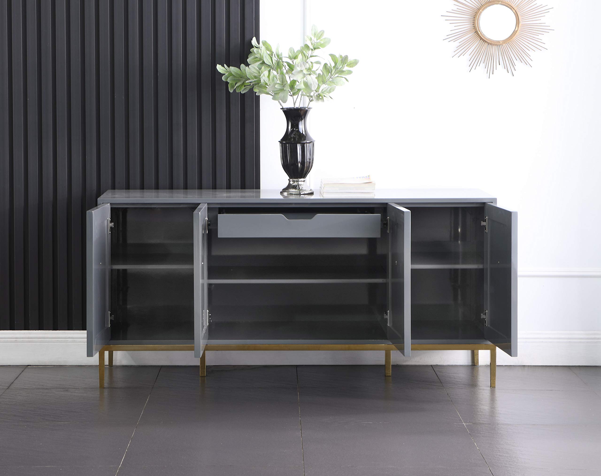 Best Master Furniture Tatiana High Gloss Lacquer Sideboard/Buffet With Gold Trim, Grey