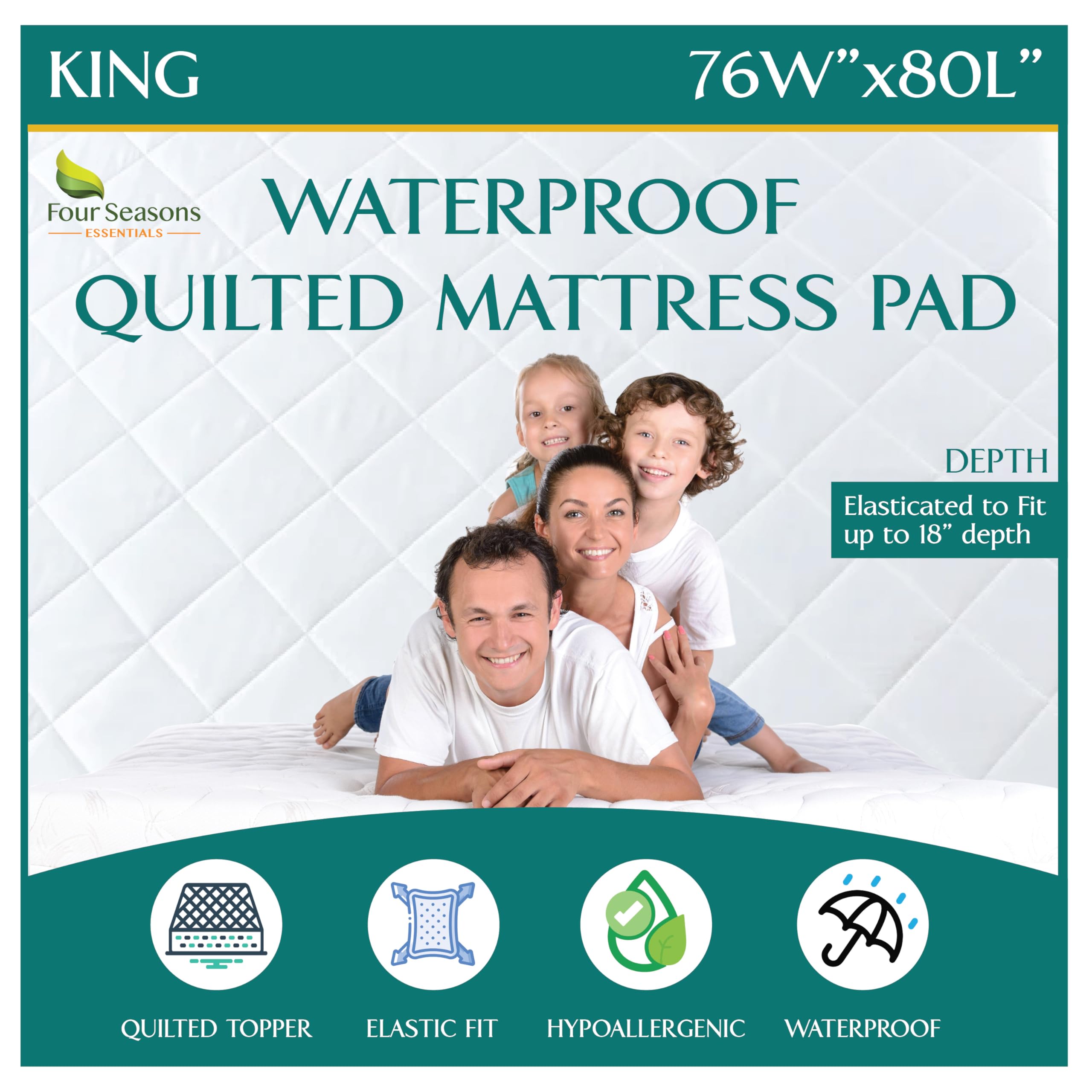King Size Quilted Mattress Pad - Fitted Waterproof Mattress Protector, Pillow Top Mattress Topper, Premium Quality Hypoallergeni