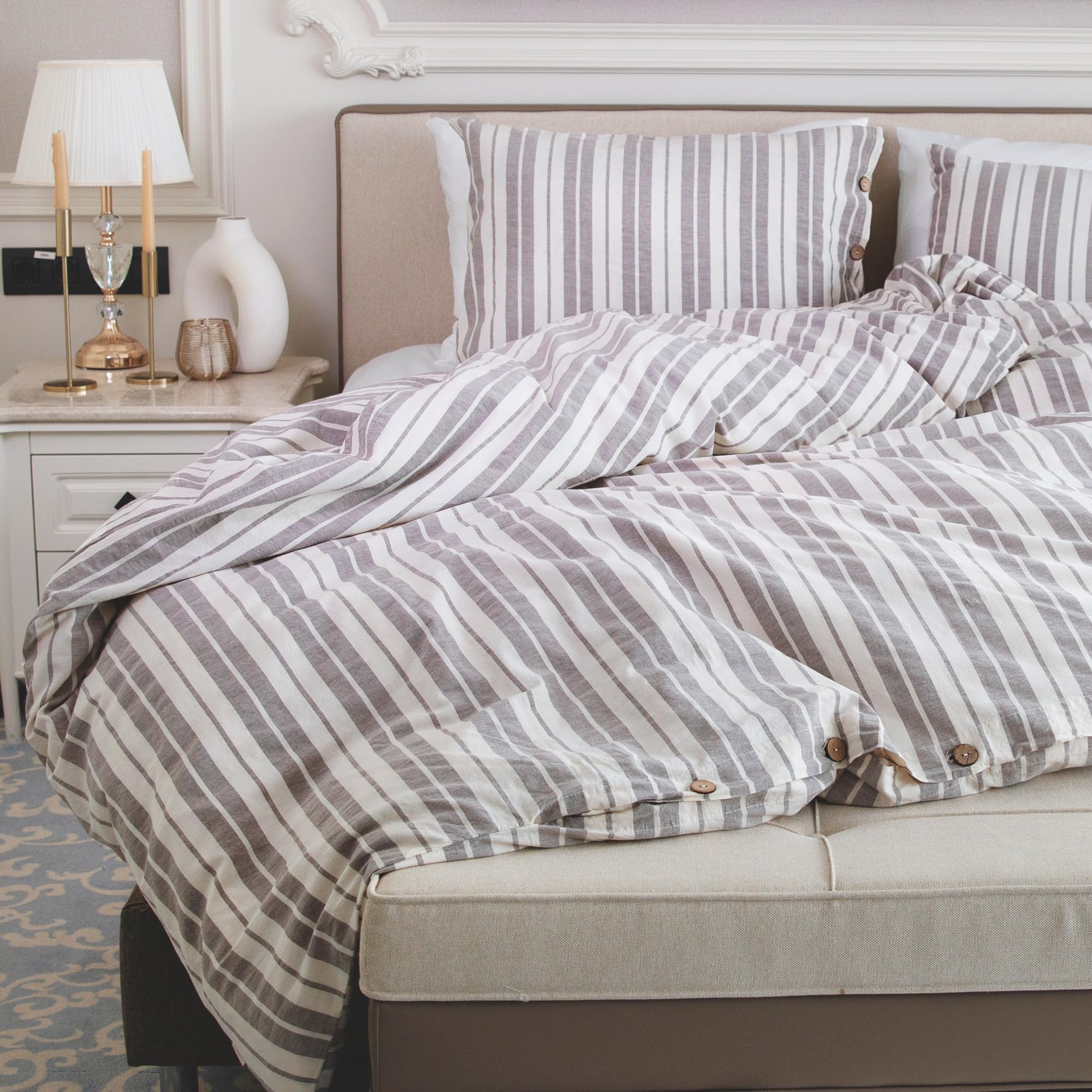 Lavien Home, 100% Natural Cotton Duvet Cover Set Queen Size, Linen Like Striped, 1 Duvet Cover With 2 Pillowcases, Soft And Easy