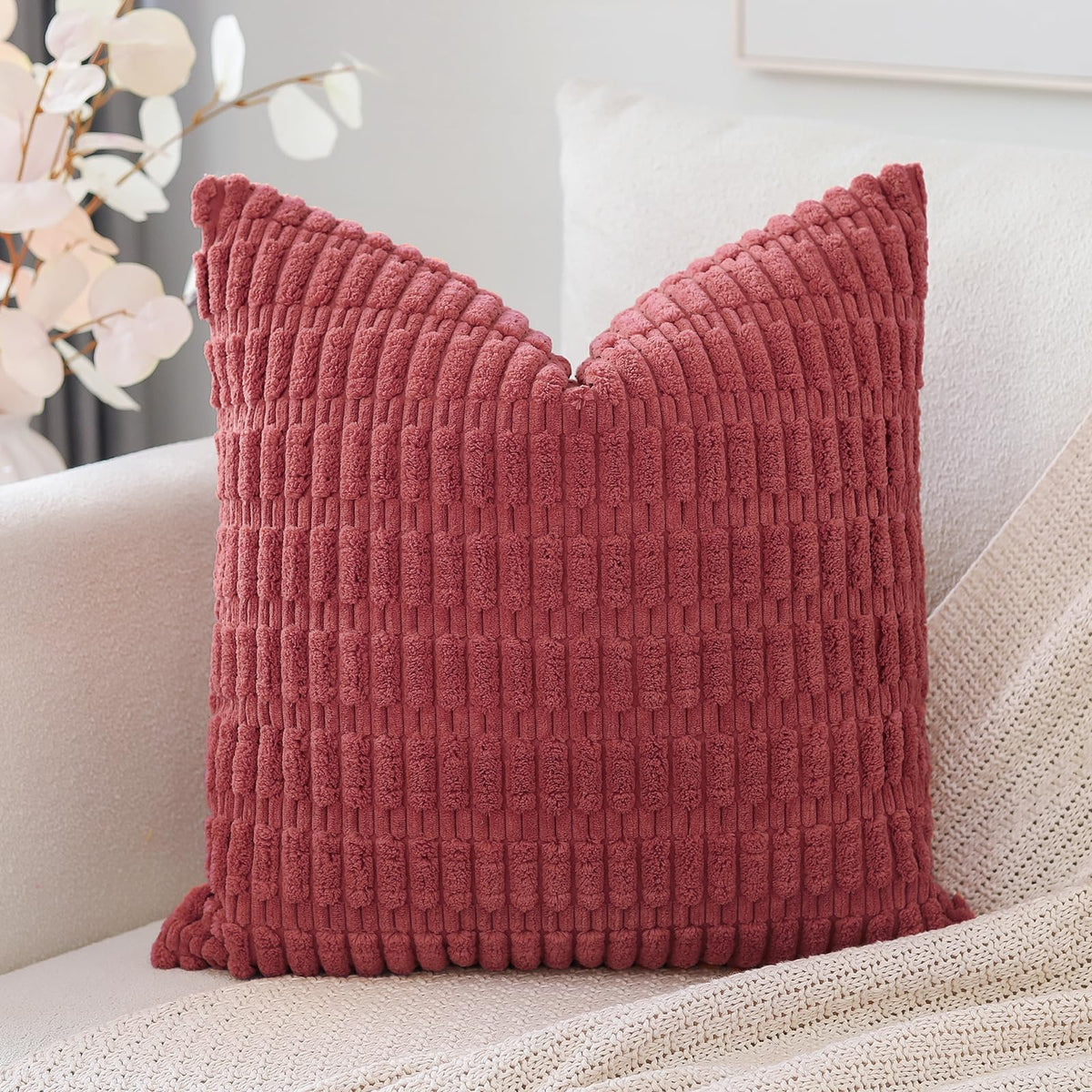 Otostar Corduroy Decorative Throw Pillow Covers 18X18 Inch Super Soft Boho Striped Square Pillow Covers Case Modern Cushion Covers For Sofa Couch Bedroom Car Decor Jam