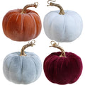 Winlyn Set of 4 Fall Velvet Artificial Pumpkins with Gold Stems Decorative Fabric Pumpkins in Burgundy Bronze Gray White Faux Fo