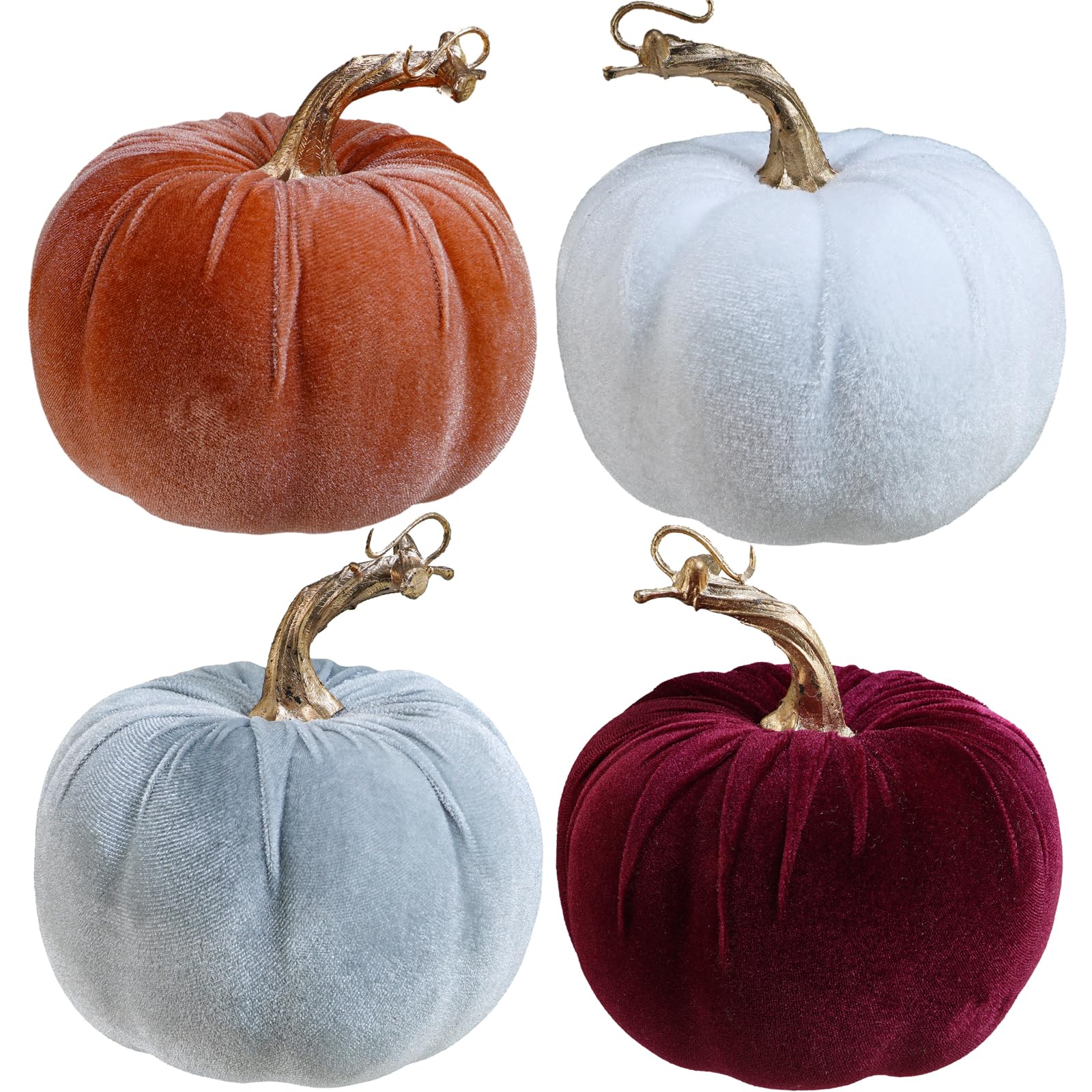 Winlyn Set of 4 Fall Velvet Artificial Pumpkins with Gold Stems Decorative Fabric Pumpkins in Burgundy Bronze Gray White Faux Fo