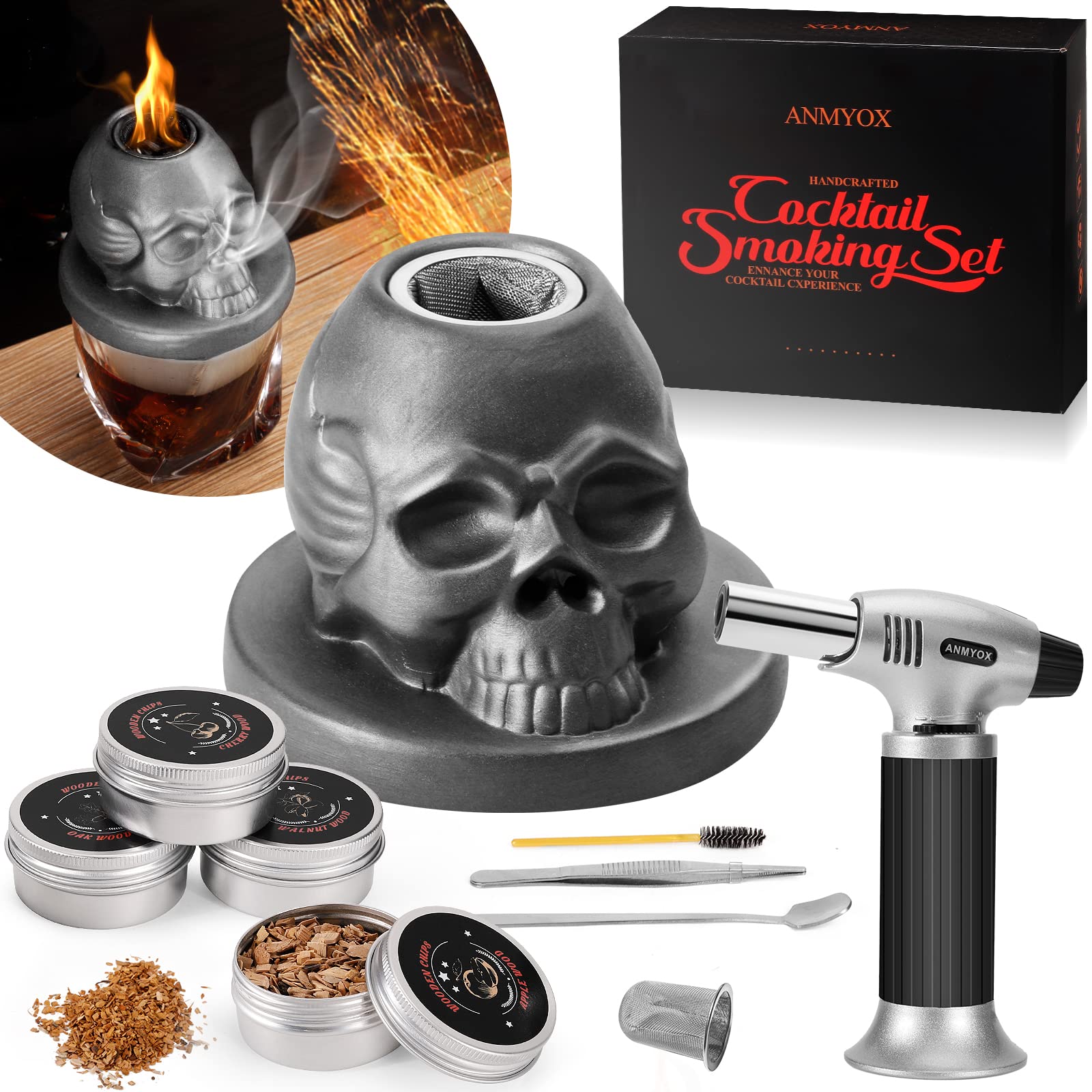 Cocktail Smoker Kit With Torch, Anmyox Whiskey Smoker Infuser Kit With Gift Box, Bourbon Whiskey Set Gift For Men,Skull Old Fash