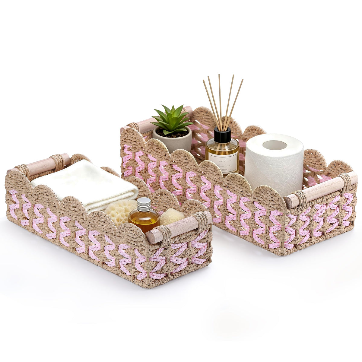 Set of 2 Paper Rope Scalloped Baskets with Wooden Handles