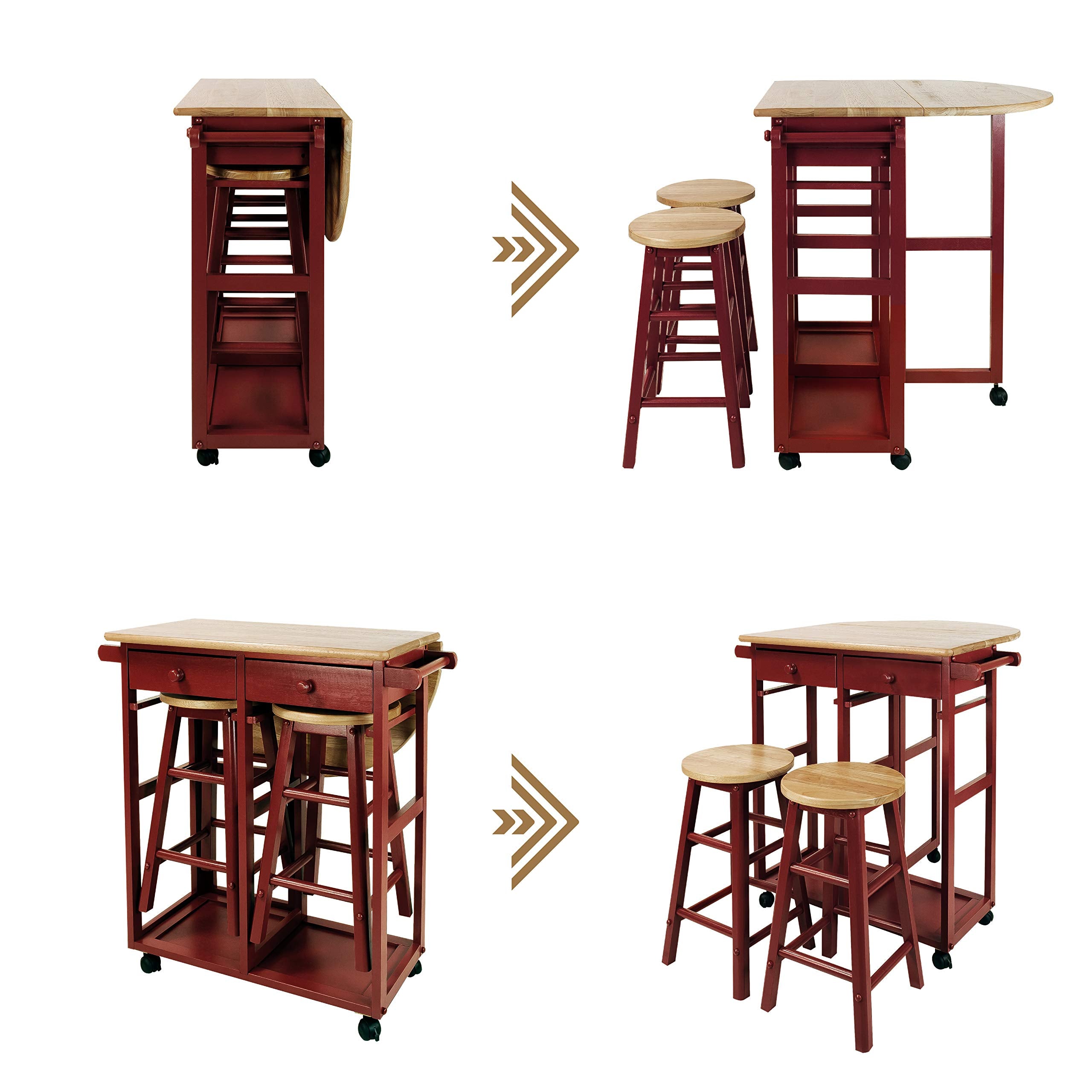 Casual Home Drop Leaf Breakfast Cart With 2 Stools-Red