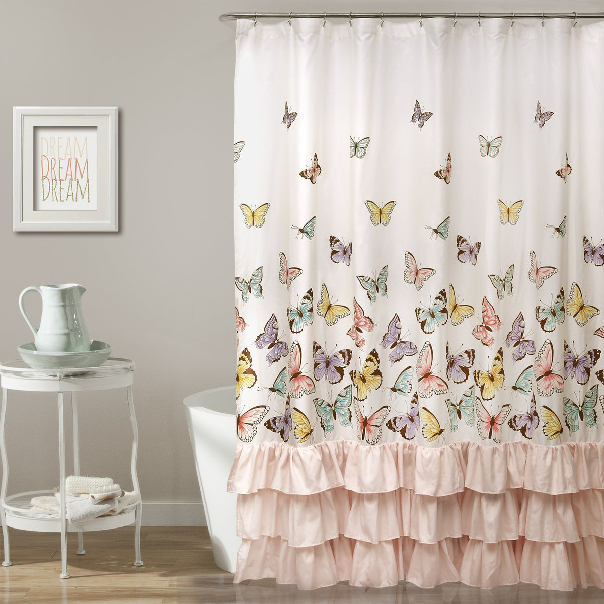 Lush Decor, Pink Flutter Butterfly Shower Curtain | Textured Ruffle Print Fabric Bathroom Decor, X 72, 72 X 72
