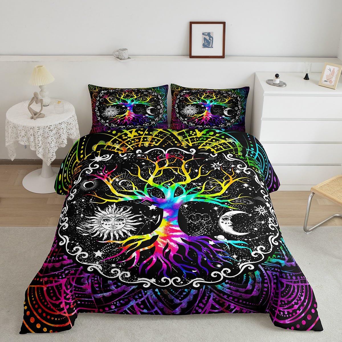 Trippy Sun And Moon Comforter Set Queen,Black And White Bedding Set For Kids Boys Girls,Psychedelic Tree Of Life Down Comforter,