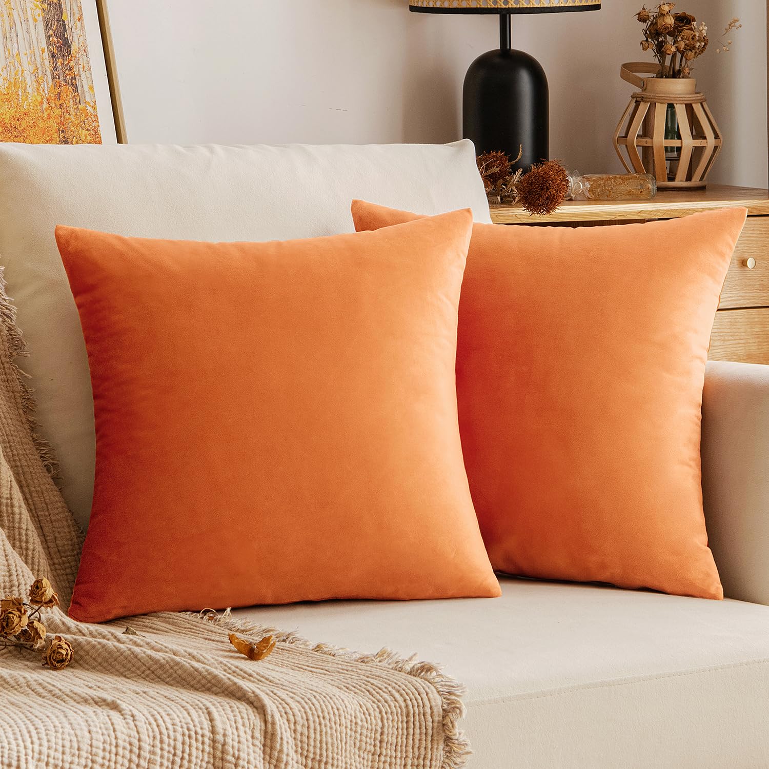Emema Fall Orange Velvet Throw Pillow Covers 20X20 Inch Set Of 2 Decorative Square Pillowcase Soft Solid Cushion Case For Couch