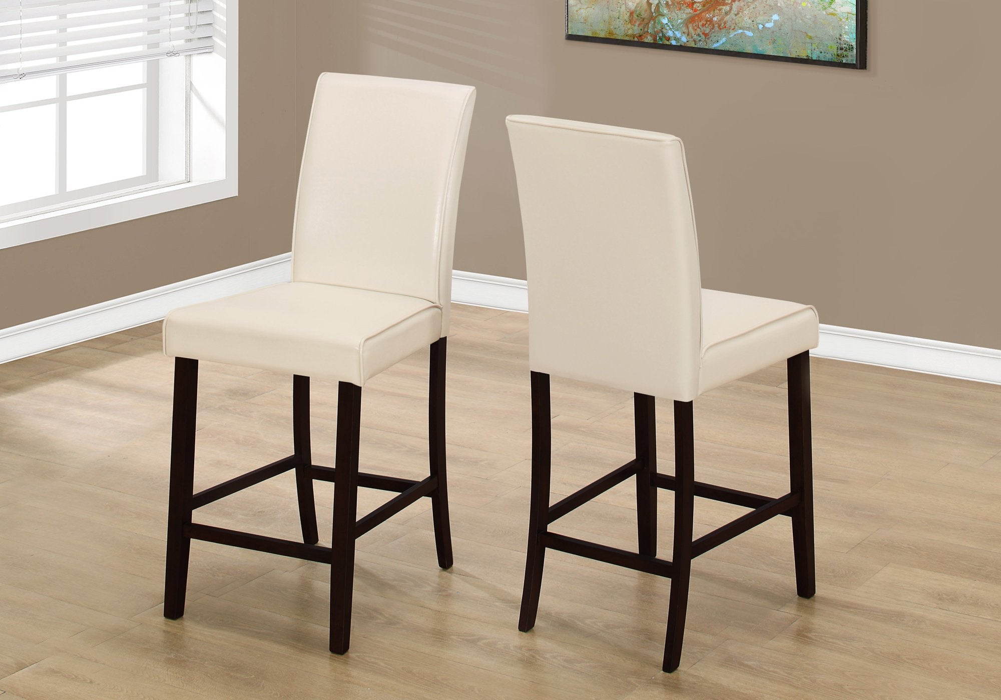 Monarch Specialties 1903, Set Of 2, Counter Height, Upholstered, Kitchen, Room, Pu Leather Look, Wood Legs, Beige, Brown, Transitional Dining Chair, 17.75&quot; L X 22.5&quot; W X 40&quot; H, Ivory
