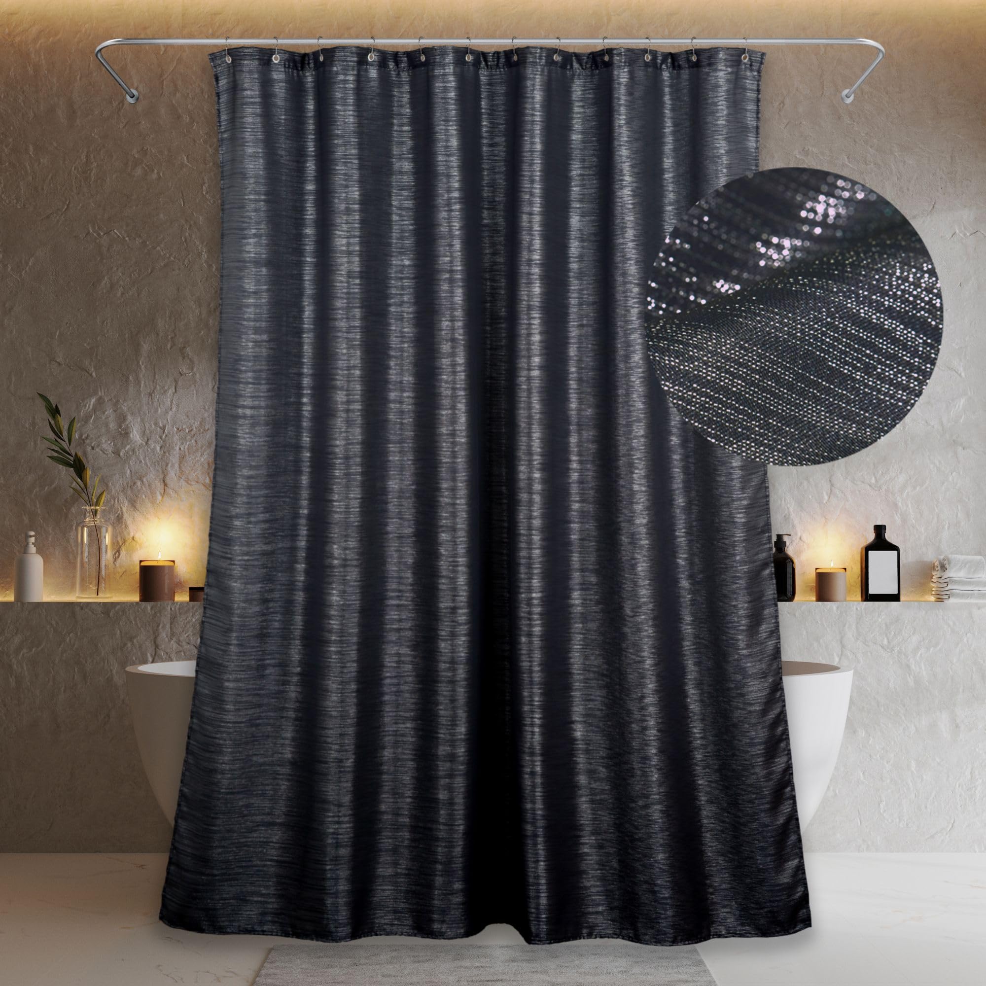 Popkozzi Black Long Sparkly Shower Curtain: 78 Inch Silver Metallic Shimmery Bling Shiny Textured Fabric Decorative Shower Curta