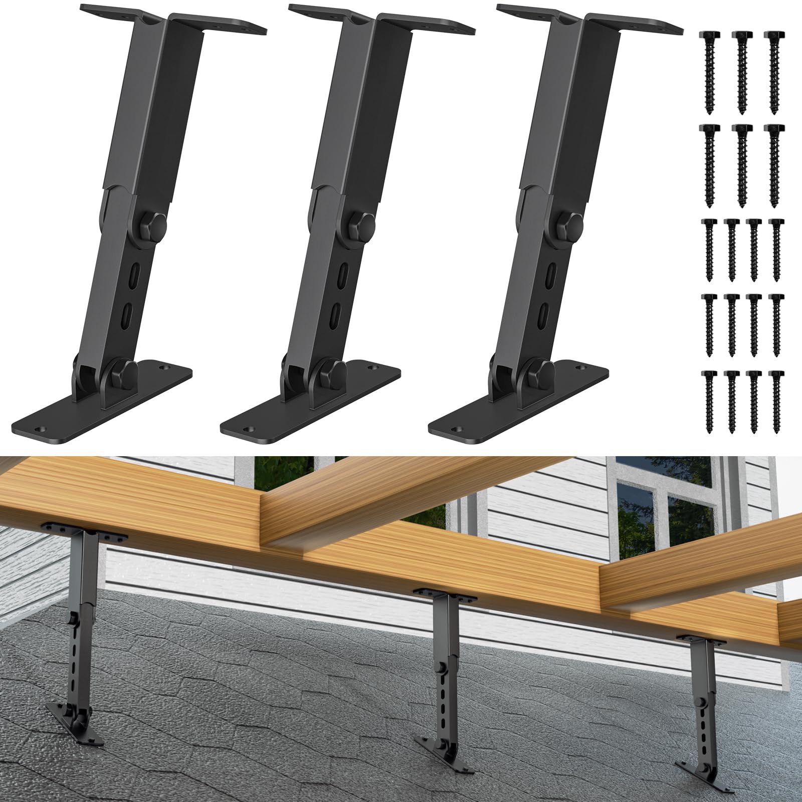 Heavy Duty Roof Riser Brackets Kit, Troptolky Adjustable Height Angle Pergola Brackets, Black Metal Roof Riser Beam Bracket For