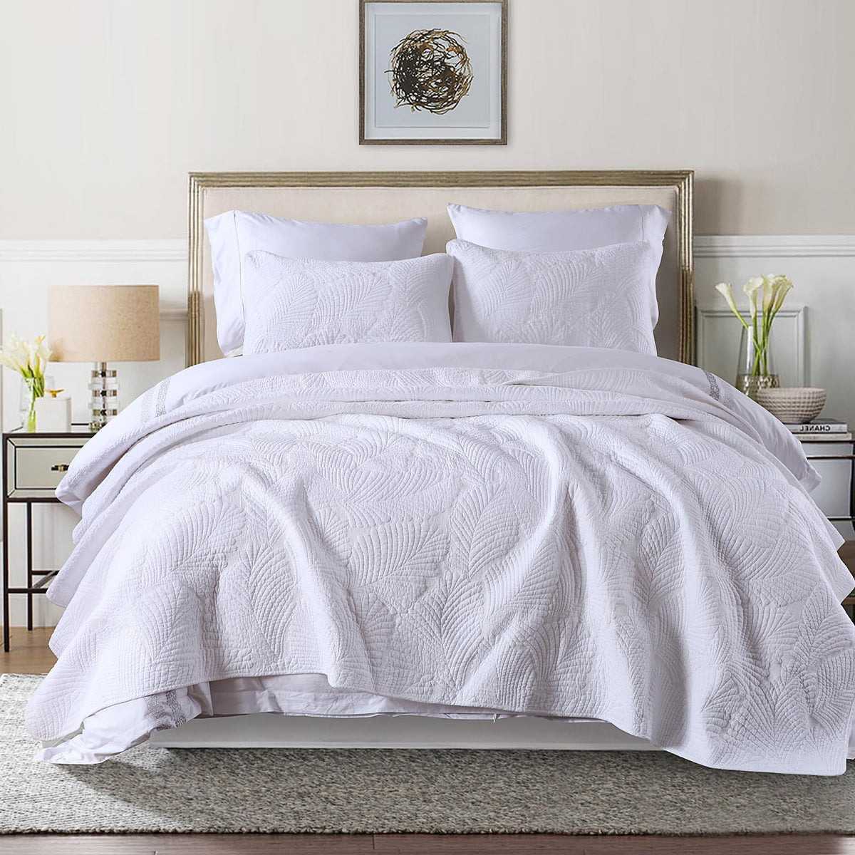 Mixinni White Quilt Bedding Set Queen Size Cotton Bedspread Set
