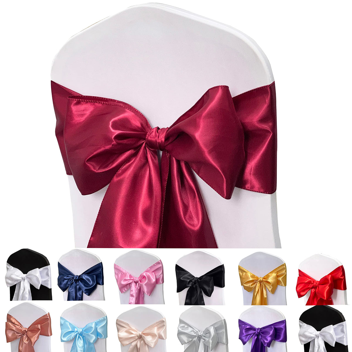 Maiangel Satin Chair Sashes Bows-12Pcs Chair Ribbon Ties Back Sash For Wedding Party Events Banquet Chair Cover Decoration (Burg