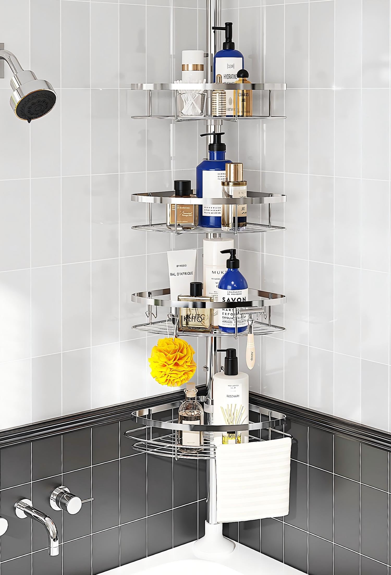 SEIRIONE Rustproof Shower Corner Caddy Organizer for Bathroom, 4 Adjustable Shelves with Tension Pole, for Bathtub Shampoo Acces