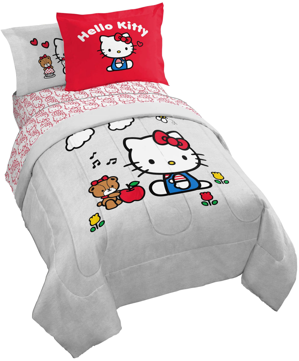 Jay Franco Sanrio Hello Kitty Full Size Comforter Set - 7 Piece Red & Grey Bedding Includes Sheet Set & Pillow Covers - Super So