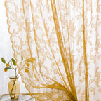 Sutuo Home Gold Lace Curtains Set Of 2, Sheer Panels 63 Inch Length Floral Embroidery Vintage Voile Window Treatment Pair For Be