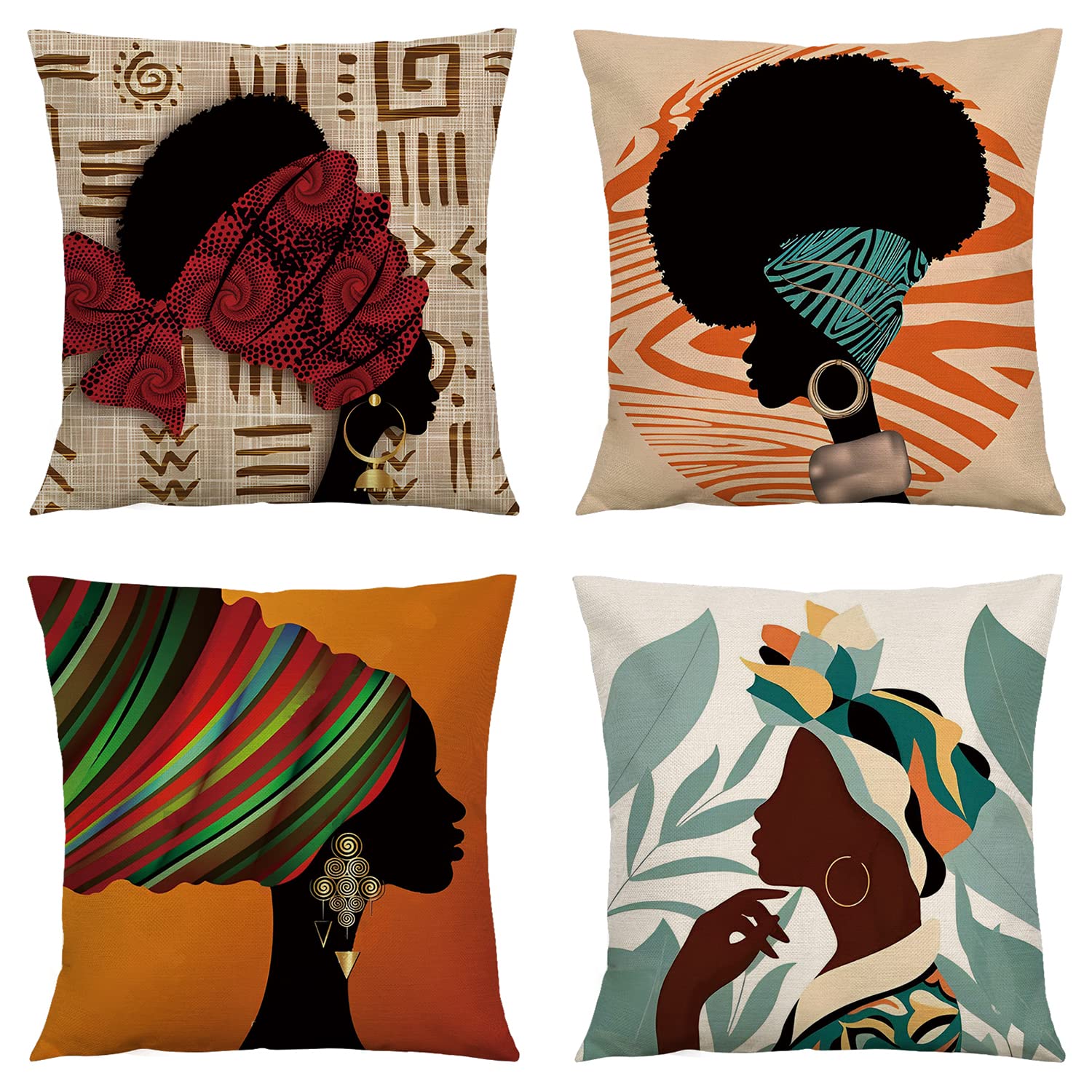 Rinrinfam Abstract African Woman Throw Pillow Covers 18X18 Set Of 4, Ethnic Tribal Motif Kente Head Wrap Pillow Cushion Cases,Ho