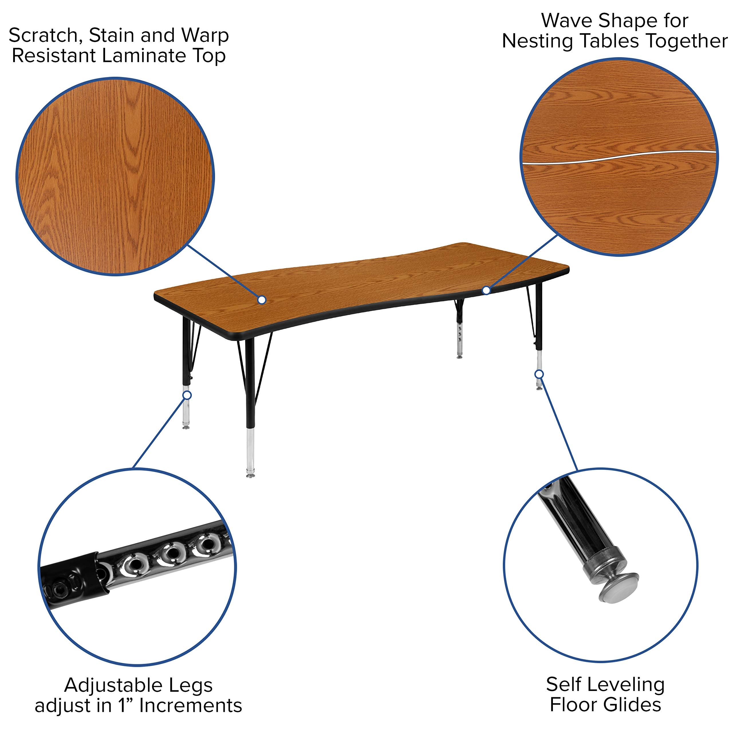 Flash Furniture Emmy 2 Piece 86" Oval Wave Flexible Oak Thermal Laminate Activity Table Set - Height Adjustable Short Legs