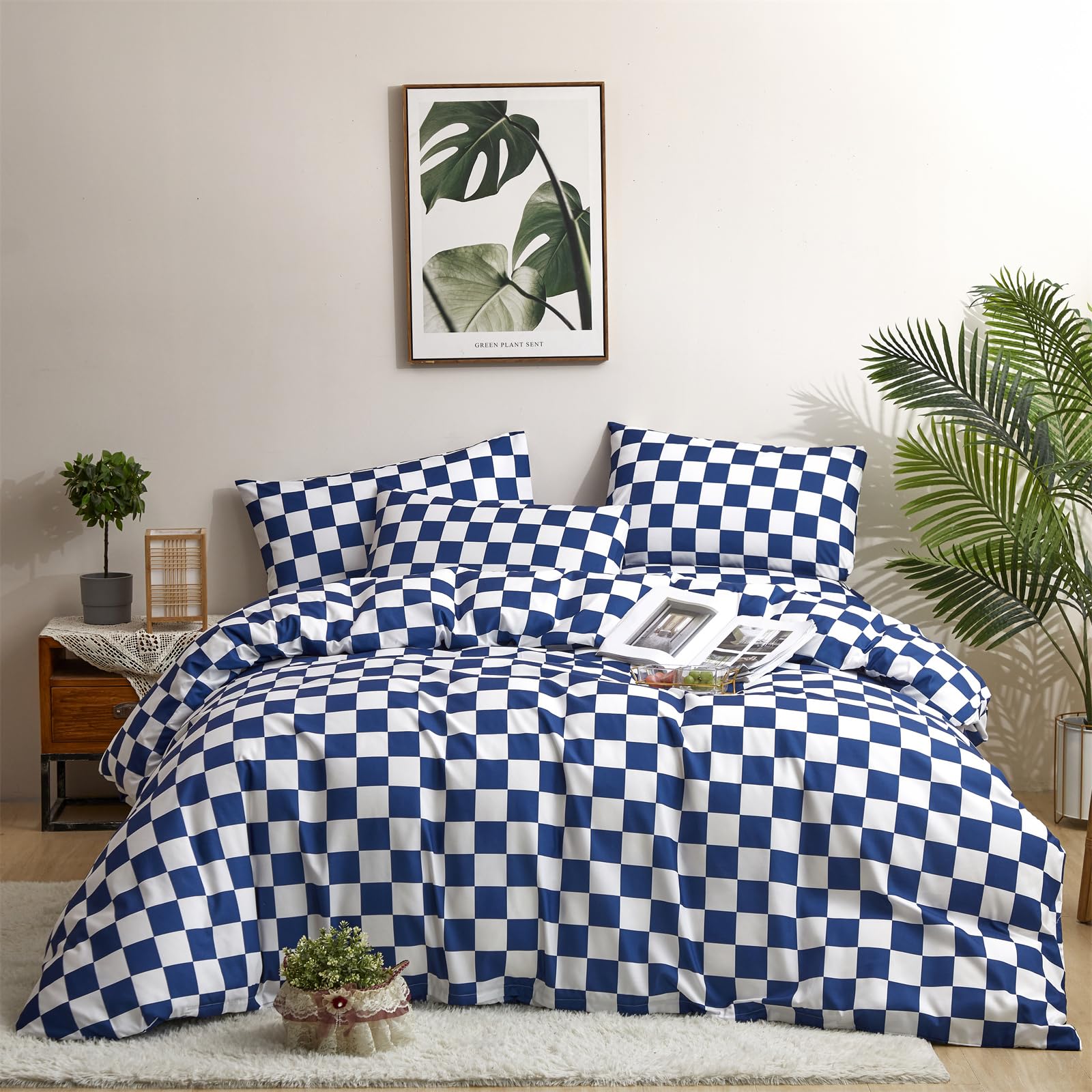 Houseri Royal Blue Comforter Set Queen White and Blue Buffalo Plaid Bedding Comforters Queen Size Women Men Elegant Dark Sea Blu