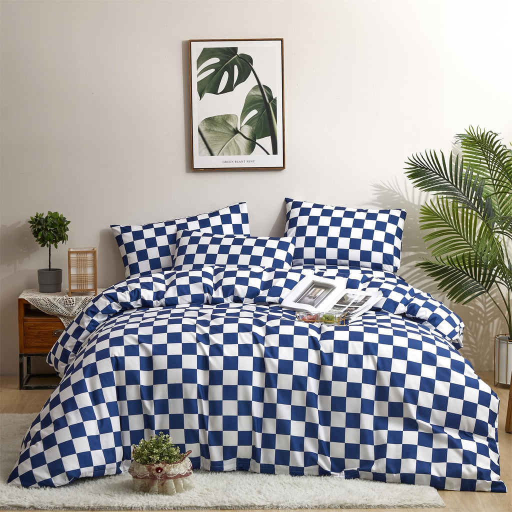 Houseri Royal Blue White Plaid Comforter Set Twin Size Boys Girls Bright Blue Grid Bedding Comforters Kids Deep Ocean Blue Check