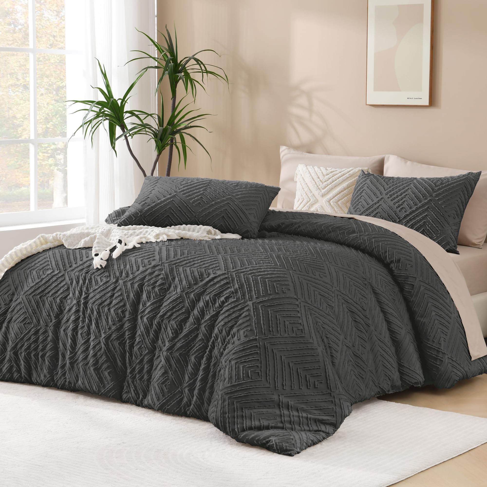 Andency Dark Grey Comforter Set King Size, 3 Pieces Gray Boho Bedding Set & Collections, Farmhouse Tufted Fluffy Bedding Comforter Sets For King Bed (1 Comforter 104X90In, 2 Pillowcases)