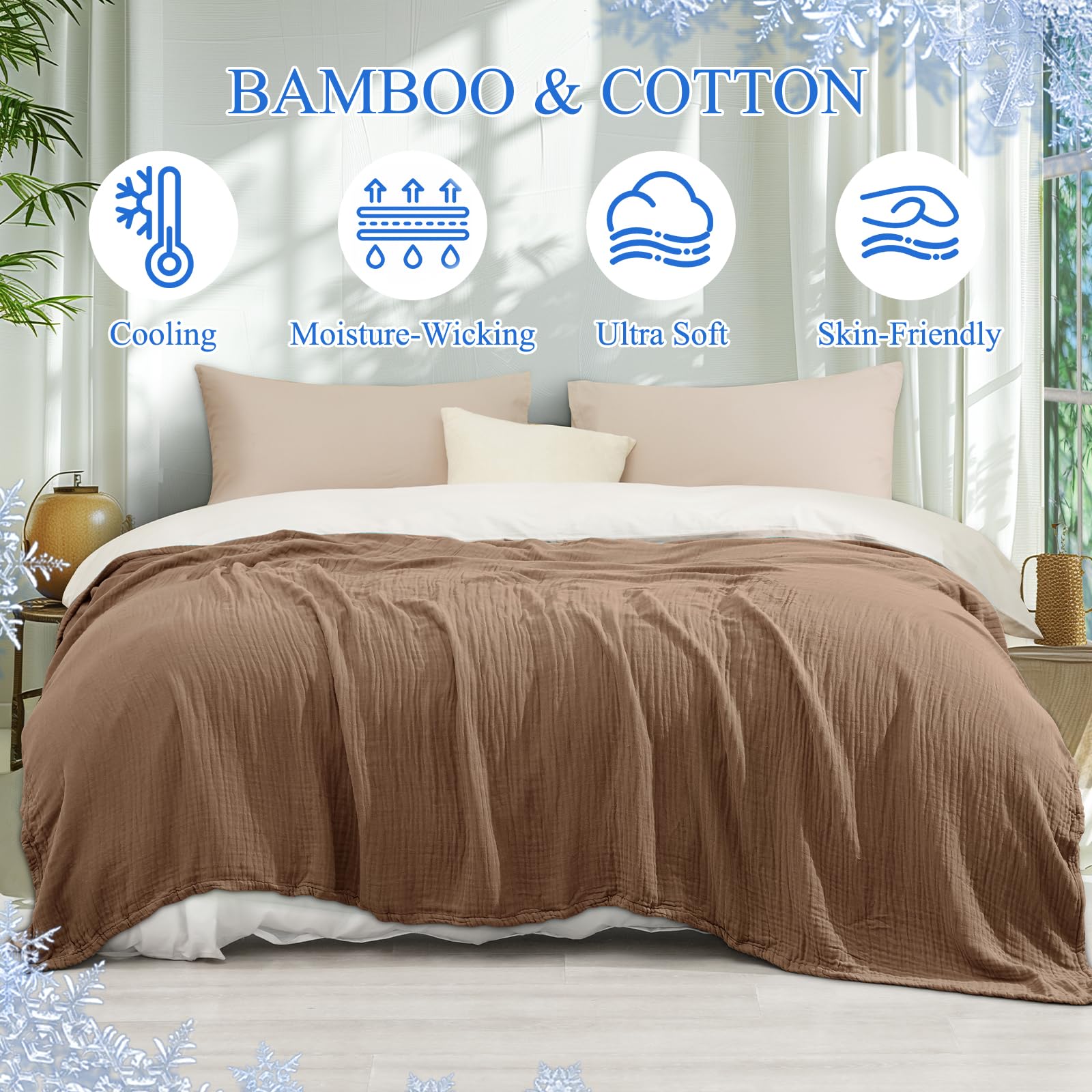 Phf Cooling Muslin King Blanket For Hot Sleepers, 60% Rayon Derived From Bamboo, 40% Cotton For Summer, 4-Layer Breathable Gauze