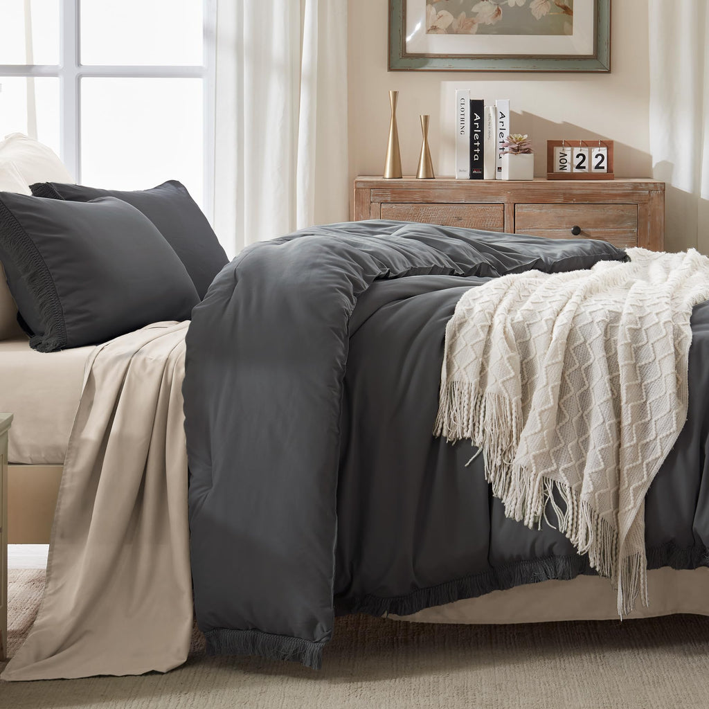 Andency Comforter King Size Bed Set Dark Grey, 3 Pieces Boho Lightweight Winter Bedding Comforters & Sets, All Season Soft Tassel Bed Set (104X90In Comforter & 2 Pillowcases)