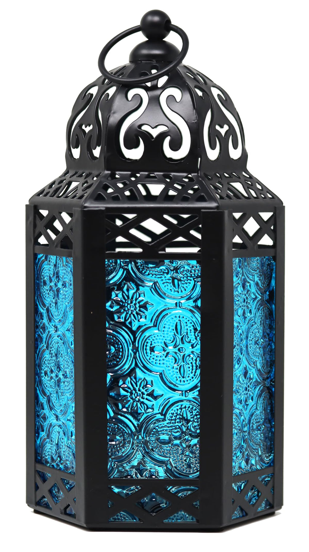 Small Black Metal Decorative Moroccan Lantern Candle Holder Lamp - Indoor/Outdoor, Home Decor, Patio, Weddings, Christmas, Blue