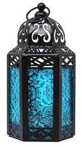 Small Black Metal Decorative Moroccan Lantern Candle Holder Lamp - Indoor/Outdoor, Home Decor, Patio, Weddings, Christmas, Blue