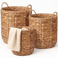 Geetery 3 Pcs Round Nesting Baskets Set, W/handles Water Hyacinth Tall Round Nesting Wicker Laundry Basket with Handles, Rustic 
