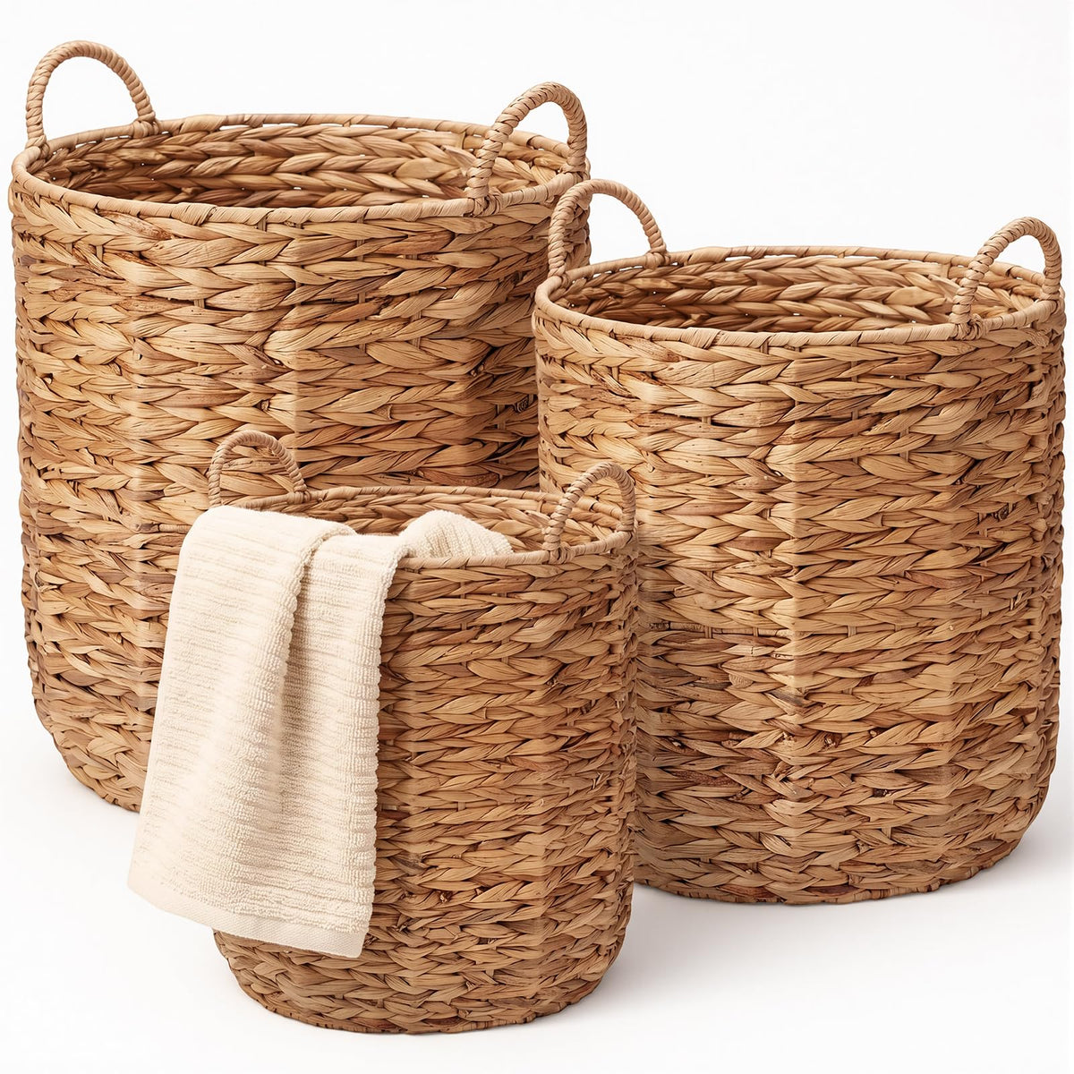 Geetery 3 Pcs Round Nesting Baskets Set, W/handles Water Hyacinth Tall Round Nesting Wicker Laundry Basket with Handles, Rustic 