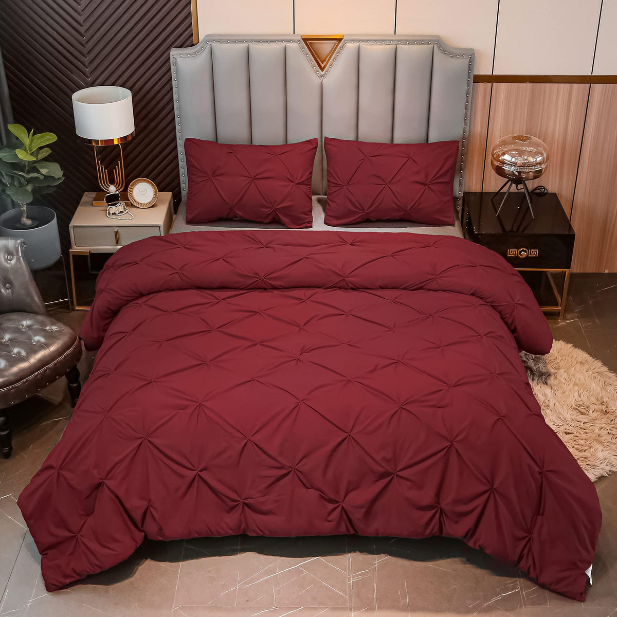 Andency California King Comforter Set Burgundy (104X96Inch), Pinch Pleat Cal King Comforter Set 3 Pieces, Oversized King Pintuck