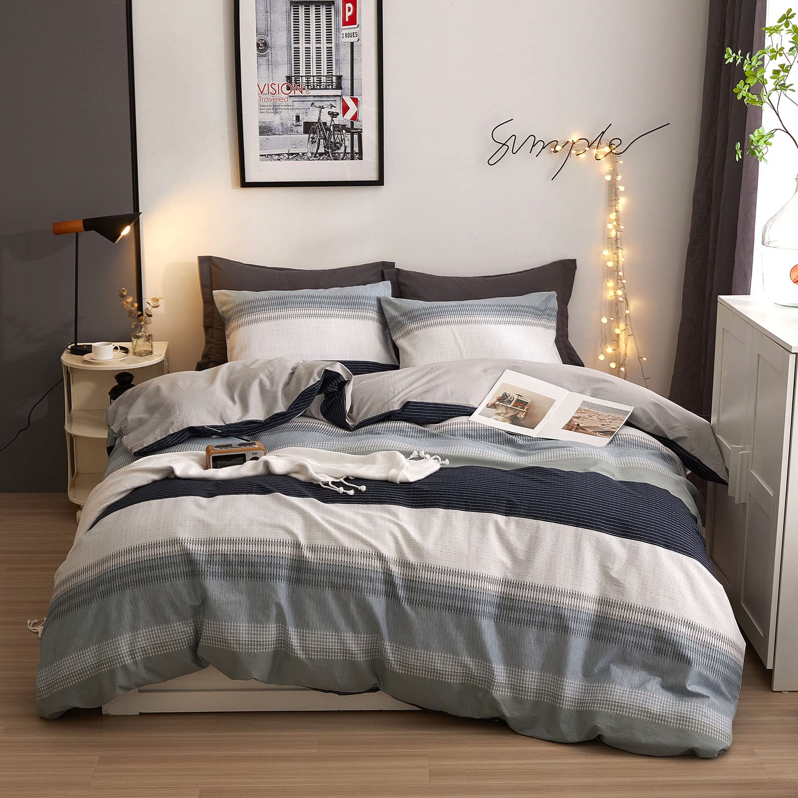 Dreamingo Queen Duvet Cover Gray Blue White Stripes Modern Geometric Bedding Set For Teen Boys Men 100% Cotton Lightweight Soft