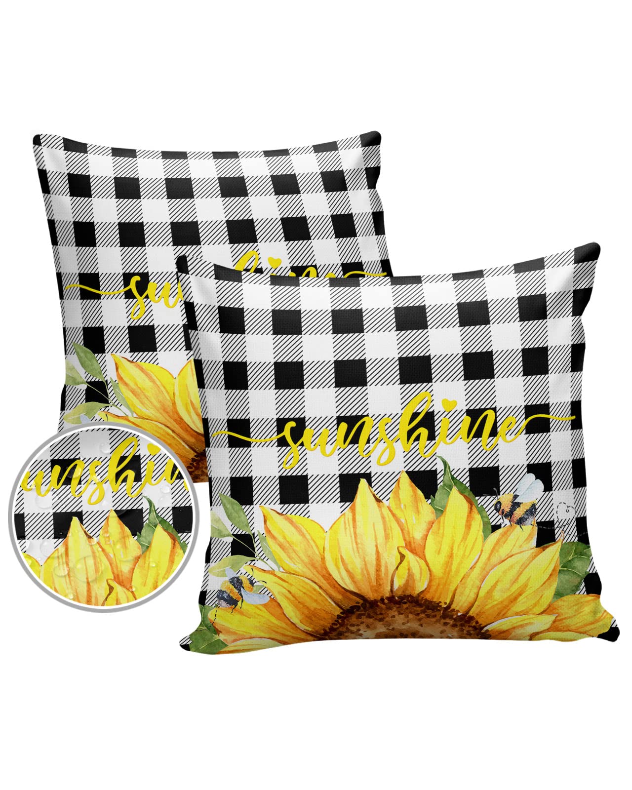 Farm Outdoor Pillow Covers Set Of 2,Watercolor Sunflowers Honeybee Decorative Waterproof Throw Pillowcase Yellow Flower Black Wh