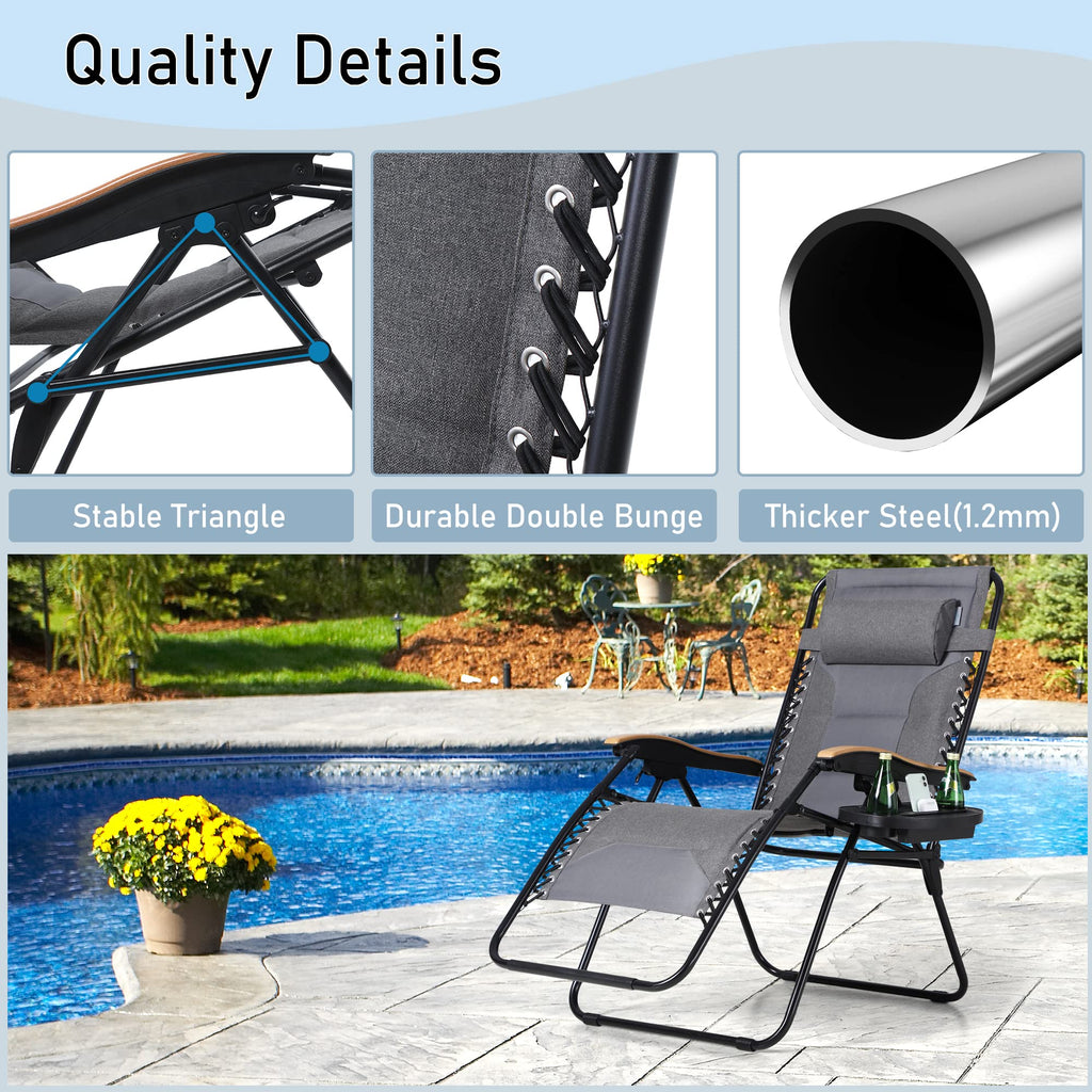 Phi Villa Xxl Oversized Padded Zero Gravity Chair, Foldable Patio Recliner, 30' Wide Seat Anti Gravity Lounger With Cup Holder, Set Of 2, Support 400 Lbs (Gray)