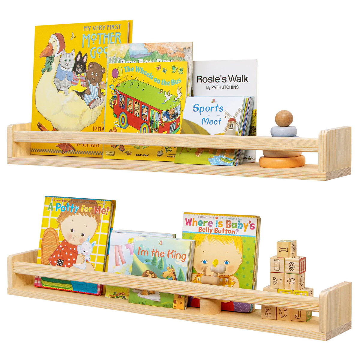 Fun Memories Nursery Book Shelves - Rustic Natural Solid Wood Floating Bookshelf for Kids - Wall Book Shelves for Kids Room (Nat