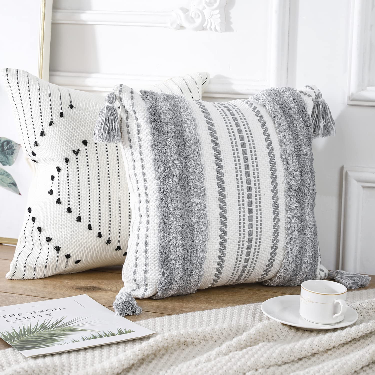 Panod Decorative Boho Grey And Black Throw Pillow Covers 18X18 Set Of 2, Modern Accent Cute Pillow Covers Pillowcase Cushion Cas