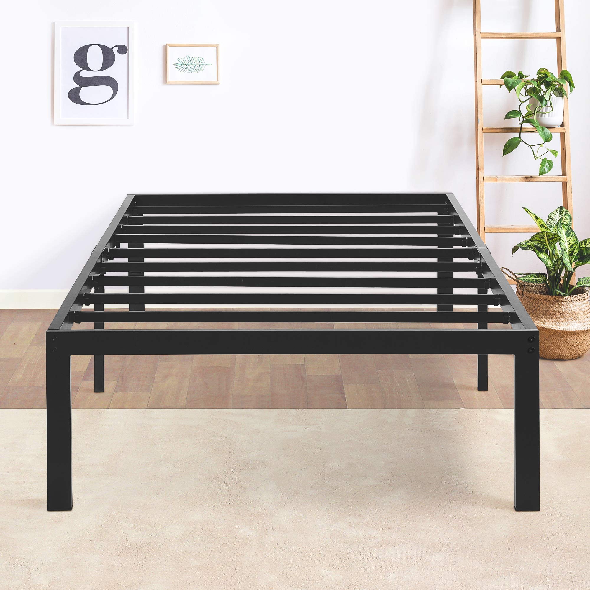 Olee Sleep 14 Inch Heavy Duty Steel Slat Anti-Slip Support Easy Assembly Mattress Foundation Bed Frame Maximum Storage Noise Free No Box Spring Needed, Black, Metal