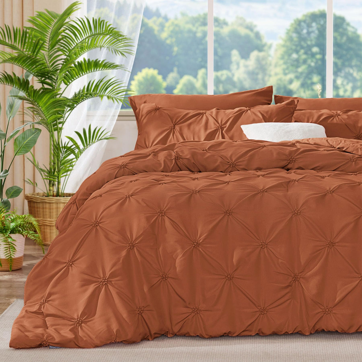 Bedelite Burnt Orange King Size Comforter Set - 3 Pieces Boho Pintuck Bedding Comforter Sets, Lightweight Soft & Warm King Beddi