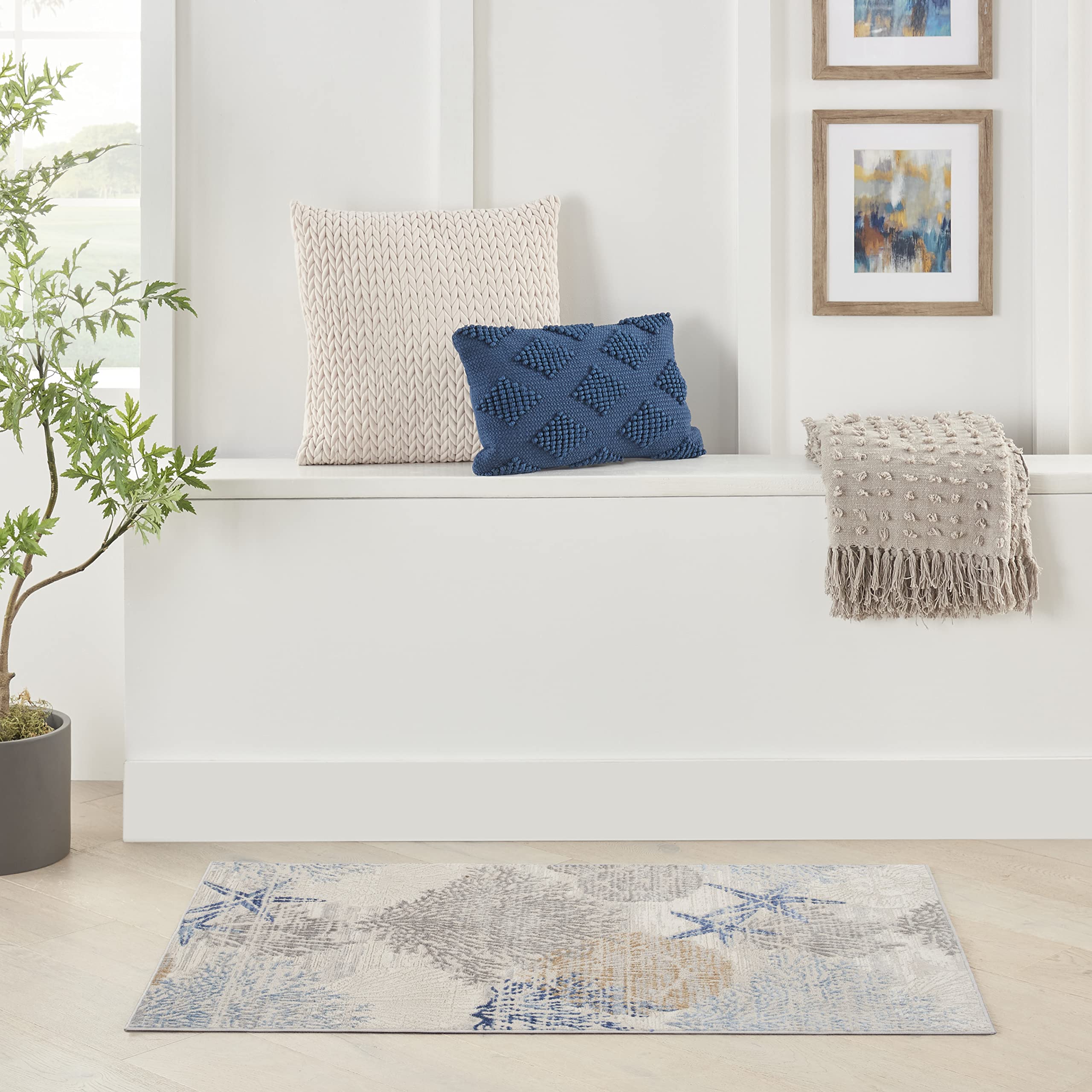 Nourison Pompeii Nature Ivory Grey Blue 2 x 3 Area Rug, Easy Clean, Non Shedding, Bed Room, Living Room, Dining Room, Kitchen 