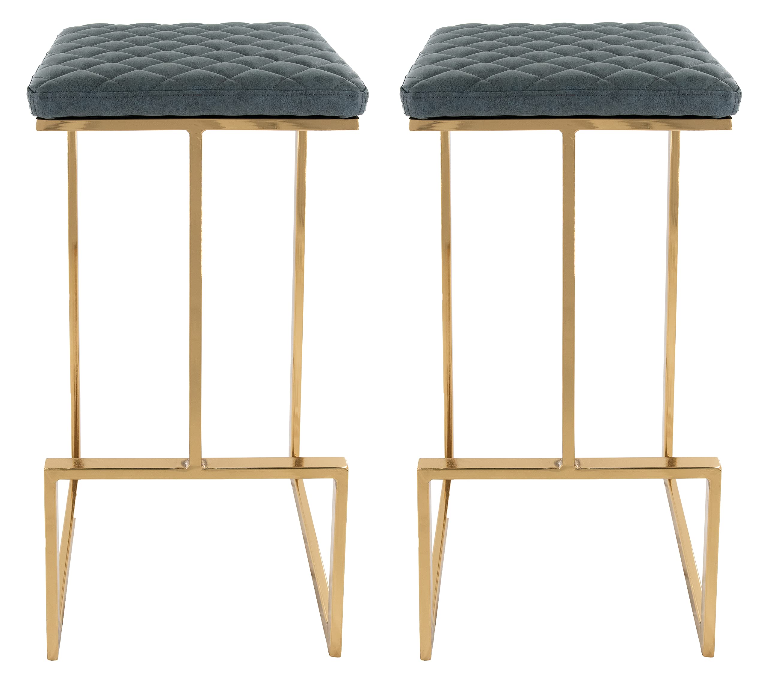 Leisuremod Quincy Quilted Stitched Leather Kitchen Counter Bar Stools With Gold Metal Frame Set Of 2 (Peacock Blue)