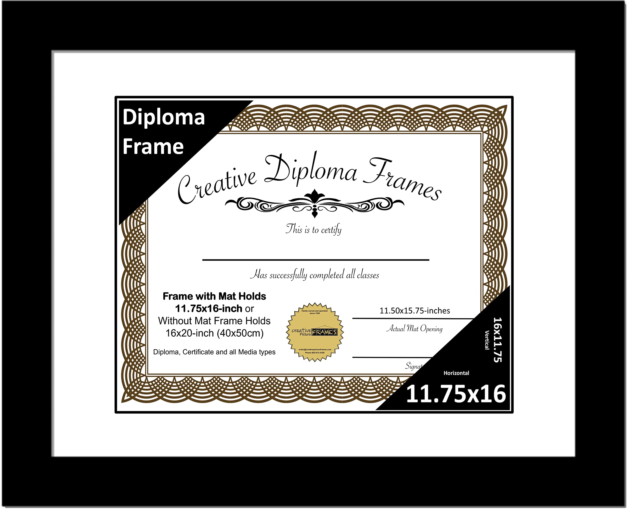 Creative Picture Frames 11.75x16 Classic Black Diploma Frame with White Mat Glass Easel and Installed Wall Hangers | Frame Holds