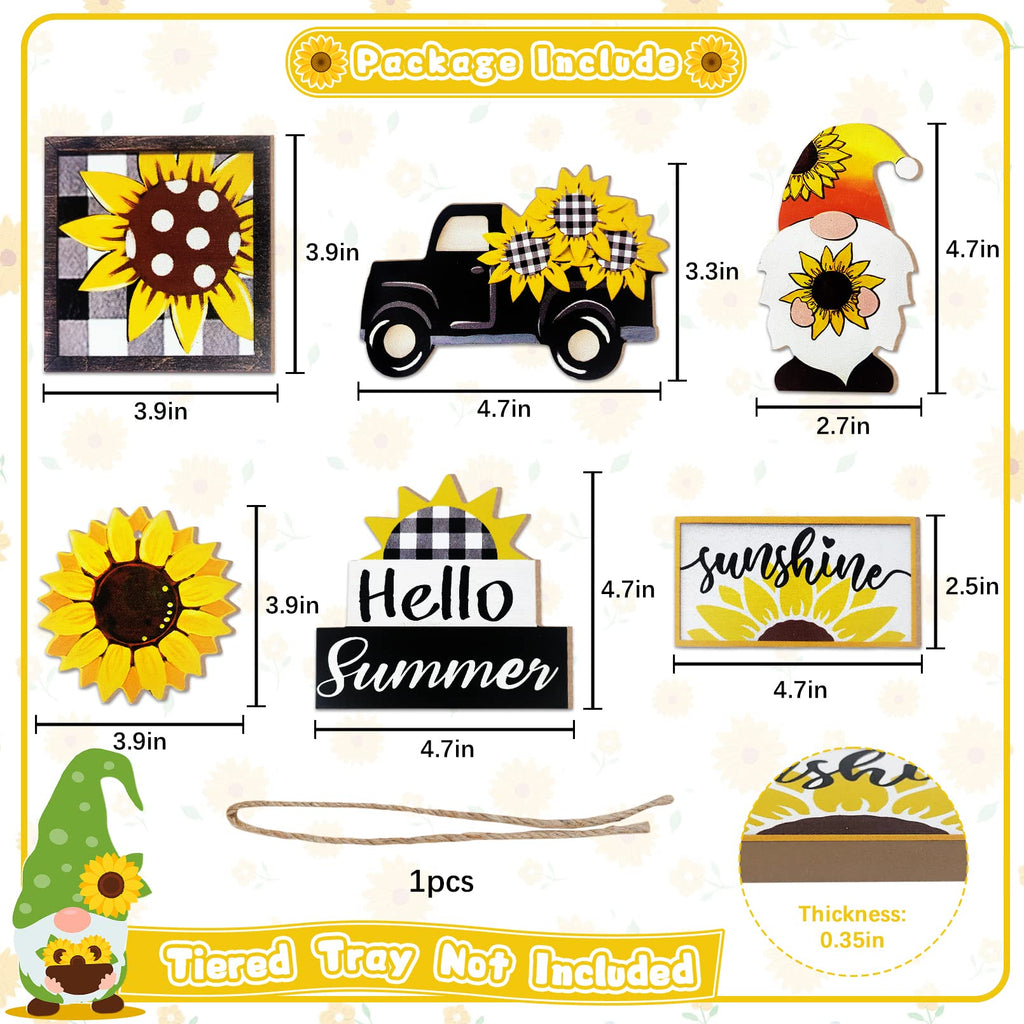 Guoofu Summer Tiered Tray Decor, Farmhouse Sunflower Tray Decorations, Hello Spring Summer Sunflower Gnome Sunshine Truck Wooden