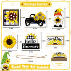 Guoofu Summer Tiered Tray Decor, Farmhouse Sunflower Tray Decorations, Hello Spring Summer Sunflower Gnome Sunshine Truck Wooden