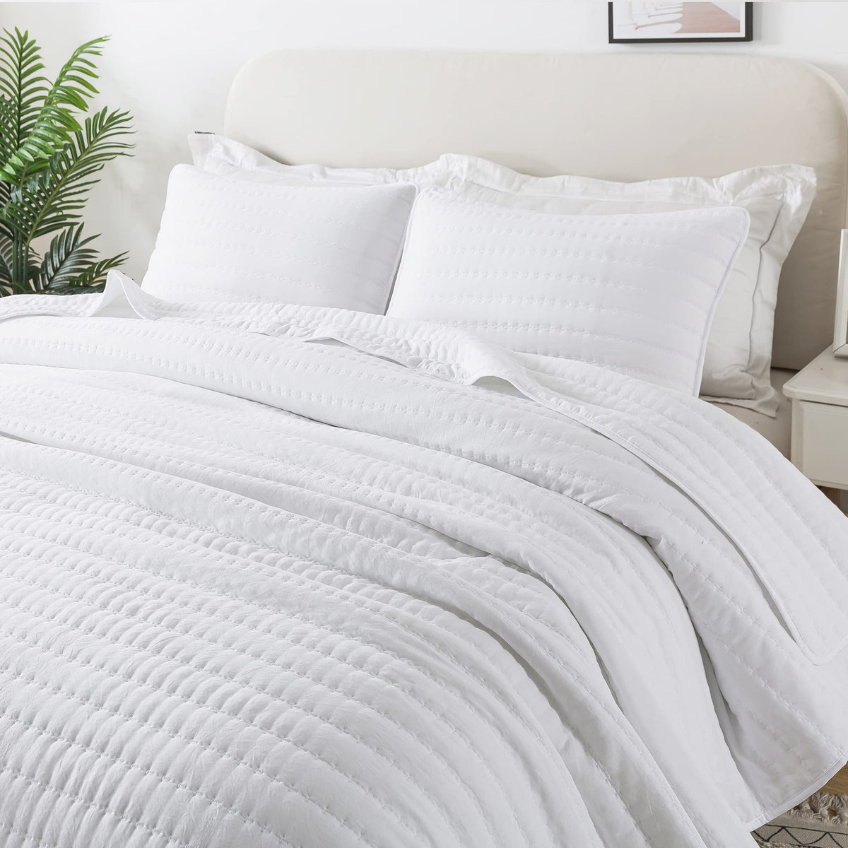 Oversized California Cal King Size Quilt Bedding Sets With Pillow Shams, White Lightweight Bedspread Coverlet, Quilted Blanket T