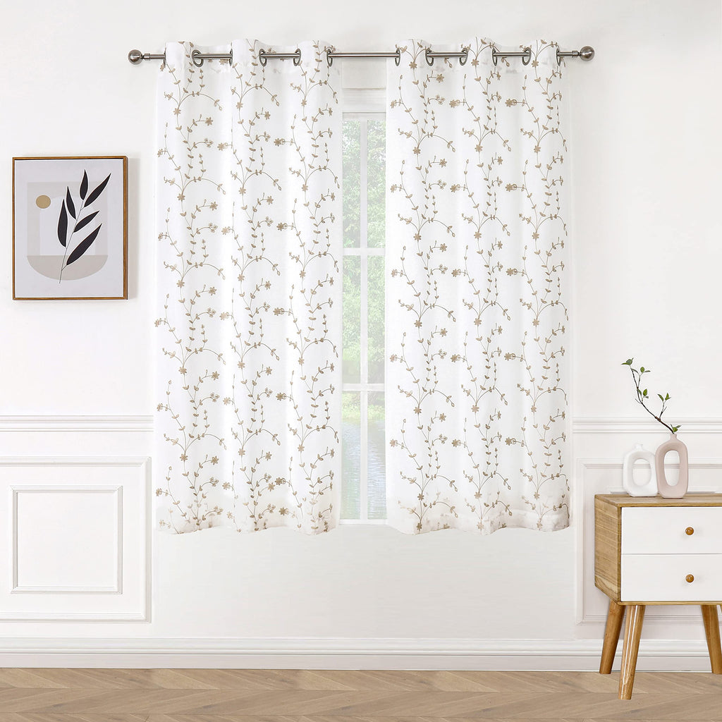 Bujasso Floral Semi Sheer White Curtains 63 Inch Embroidered Tan Leaf Window Curtain Panels With Lined Privacy Farmhouse Light F