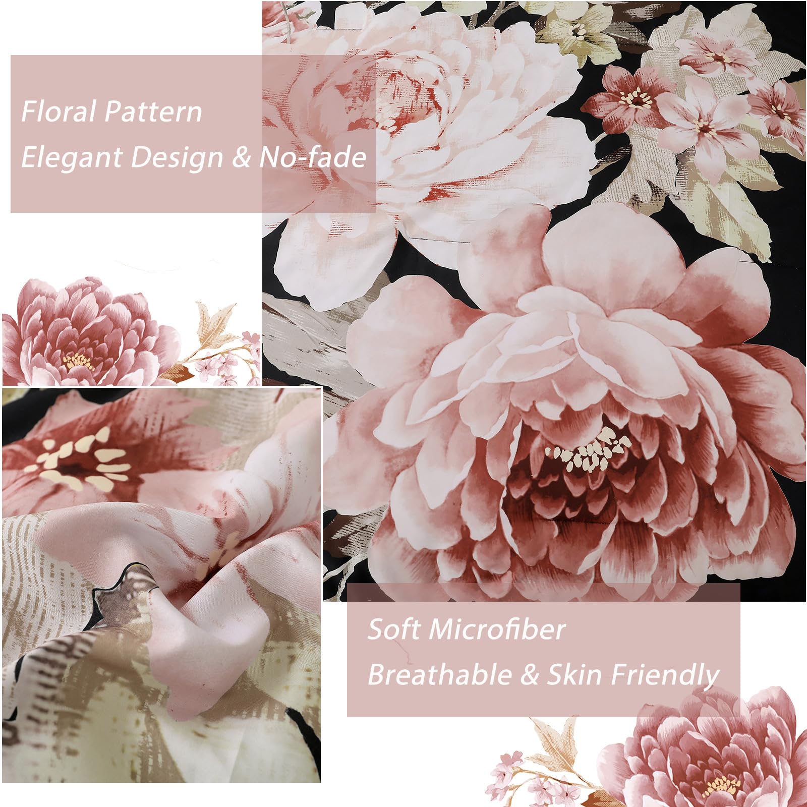 Dintszyayue Black Comforter Set King Size 7 Pieces Pink Floral Bed In A Bag, Complete Bedding Sets Elegant Flower Bed Set Comfor