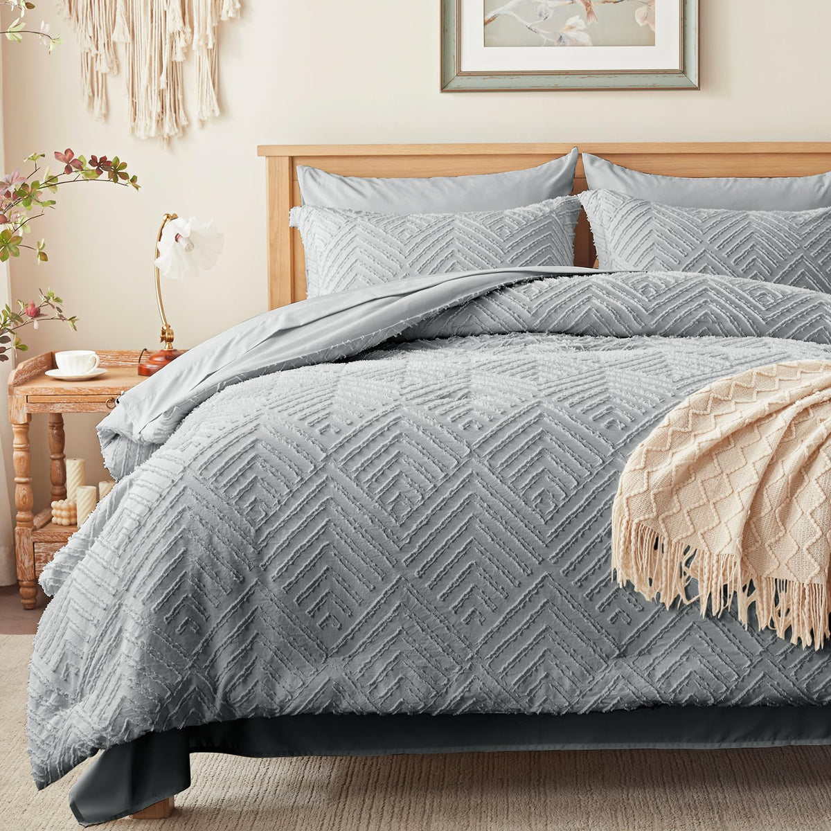 Zzlpp Twin Comforter Set 5 Pieces, Grey Tufted Bed In A Bag With Comforter And Sheets, All Season Boho Bedding Sets With 1 Comfo