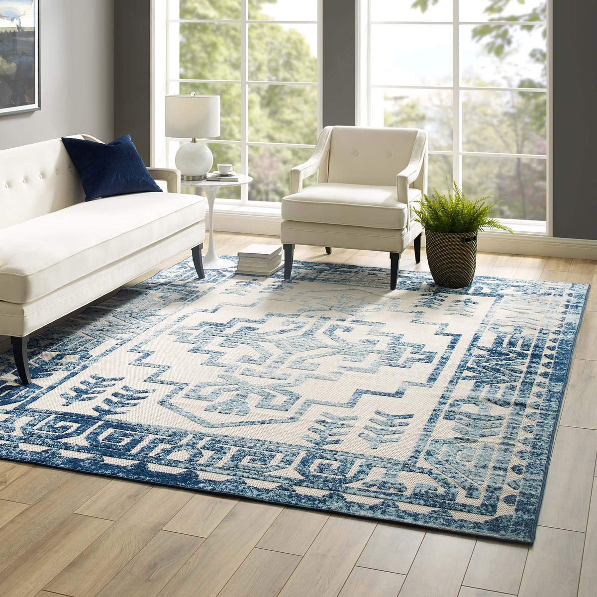 Modway Reflect Distressed Geometric Southwestern Aztec 8X10 Indoor And Outdoor Area Rug, 8 Ft X 10 Ft, Nyssa/Ivory And Blue