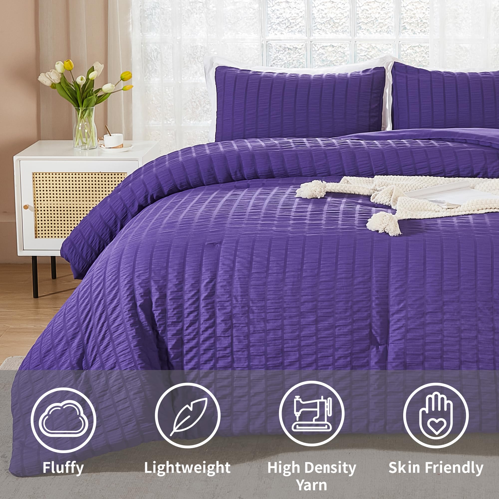Avelom Dark Purple Seersucker Queen Comforter Set (90X90 Inches), 3 Pieces-100% Soft Washed Microfiber Lightweight Comforter With 2 Pillowcases, All Season Down Alternative Comforter Set For Bedding